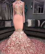 Gorgeous Round Neck Flower Long Sleevess Sequins Mermaid Formal Prom Dresses