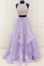 Gorgeous Round Neck Two Pieces Long Formal Prom Dresses, 2 Pieces Formal Evening Dresses