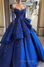 Gorgeous Royal Blue Lace Ruffled Formal Prom Party Gowns| Strapless Sweetheart Beads Quinceanera Dresses