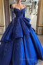 Gorgeous Royal Blue Lace Ruffled Formal Prom Party Gowns| Strapless Sweetheart Beads Quinceanera Dresses