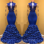 Gorgeous Royal Blue Formal Prom Dresses Long Sleevess Evening Gowns with Rose Flowers