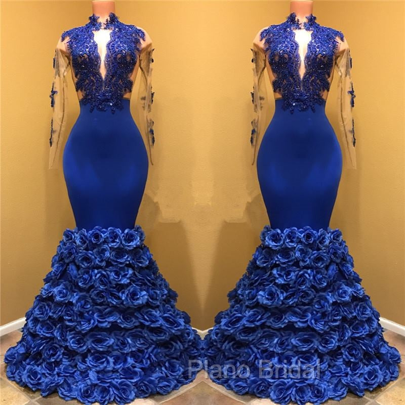Gorgeous Royal Blue Formal Prom Dresses Long Sleevess Evening Gowns with Rose Flowers
