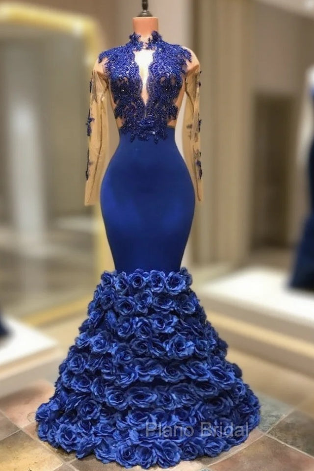 Gorgeous Royal Blue Formal Prom Dresses Long Sleevess Evening Gowns with Rose Flowers