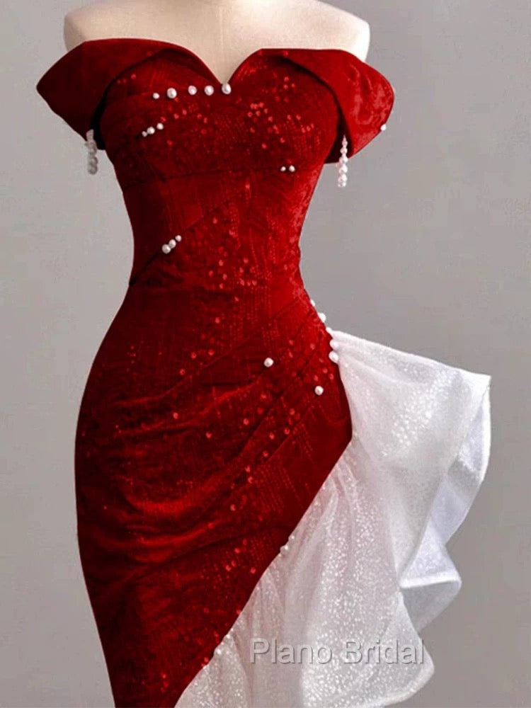 Gorgeous Sheath Off The Shoulder Sequin Red Evening Dresses Formal Prom Dresses Birthday Outfits