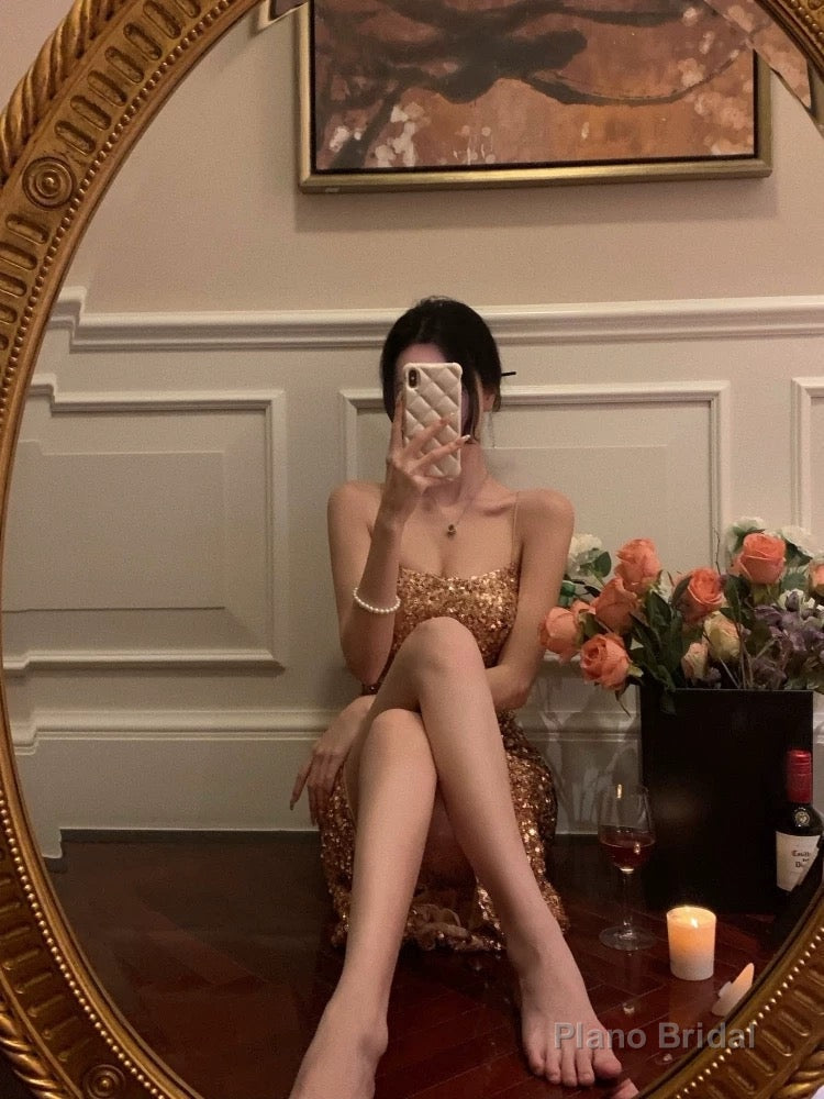 Gorgeous Sheath Spaghetti Straps Sequin Evening Dress Prom Dresses Birthday Outfits Main image