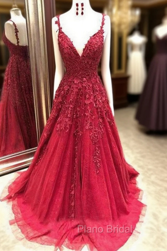 Gorgeous Spaghetti Strap Applique Formal Prom Dresses Red Tulle Sleeveless Evening Dresses Main image