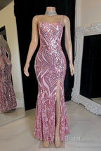 Gorgeous Spaghetti-Straps Mermaid Formal Prom Dresses Sequins Sleeveless With Slit