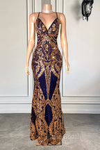 Gorgeous Spaghetti-Straps Sequins Mermaid Formal Prom Dresses Long V-Neck