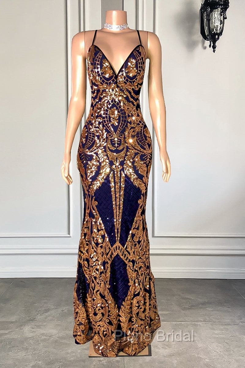 Gorgeous Spaghetti-Straps Sequins Mermaid Formal Prom Dresses Long V-Neck