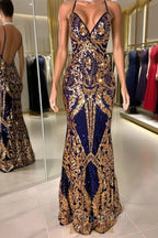 Gorgeous Spaghetti-Straps Sequins Mermaid Formal Prom Dresses Long V-Neck