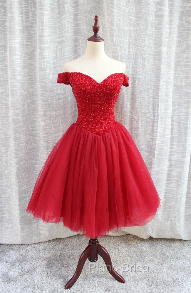 Gorgeous Sparkle Beaded Off Shoulder Red Formal Dresses, Red Homecoming Dresses Secondary image