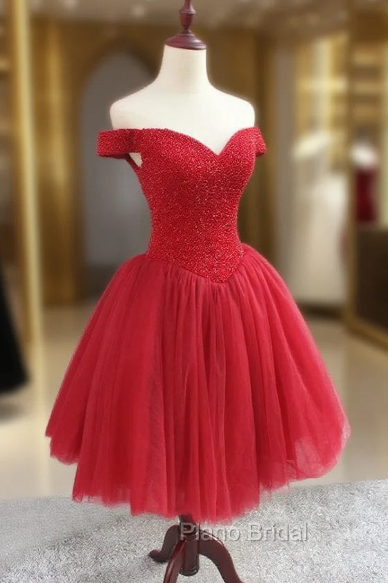 Gorgeous Sparkle Beaded Off Shoulder Red Formal Dresses, Red Homecoming Dresses