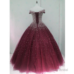 Gorgeous Sparkle Burgundy Off Shoulder Sweet 16 Gown, Burgundy Prom Dress
