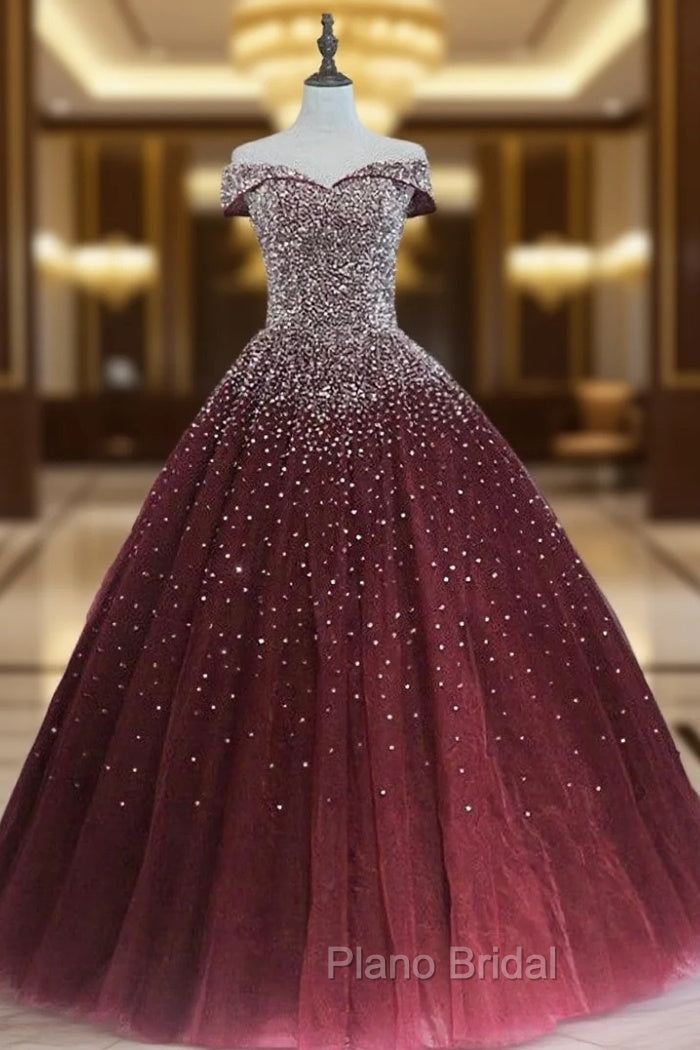 Gorgeous Sparkle Burgundy Off Shoulder Sweet 16 Gown, Burgundy Formal Prom Dresses Main image