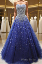 Gorgeous Strapless Blue Tulle Beaded Long Formal Prom Dresses, Beaded Blue Formal Evening Dresses, Beaded Ball Gown