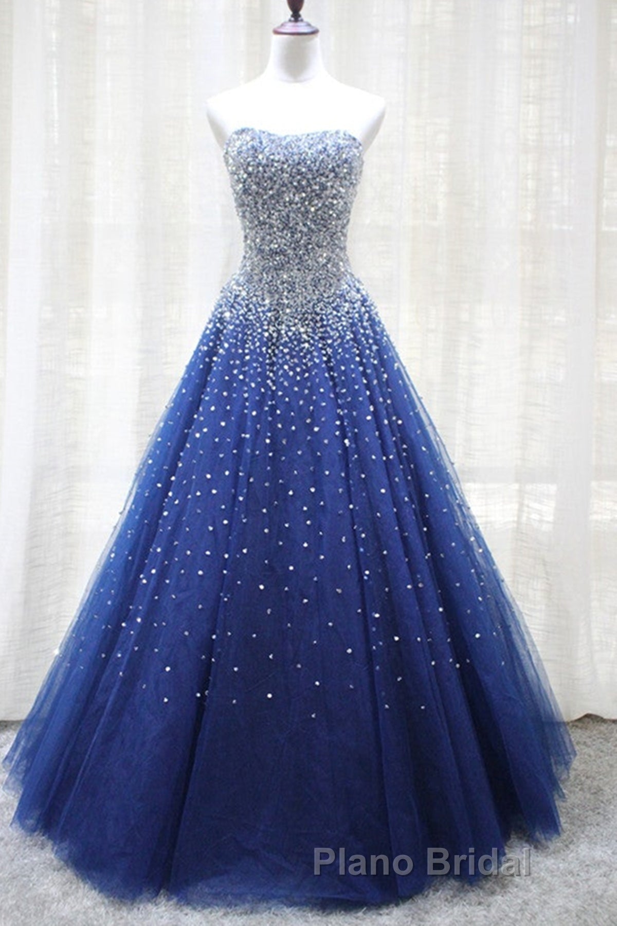 Gorgeous Strapless Blue Tulle Beaded Long Formal Prom Dresses, Beaded Blue Formal Evening Dresses, Beaded Ball Gown