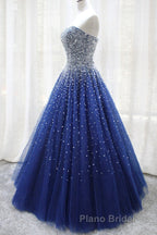 Gorgeous Strapless Blue Tulle Beaded Long Formal Prom Dresses, Beaded Blue Formal Evening Dresses, Beaded Ball Gown
