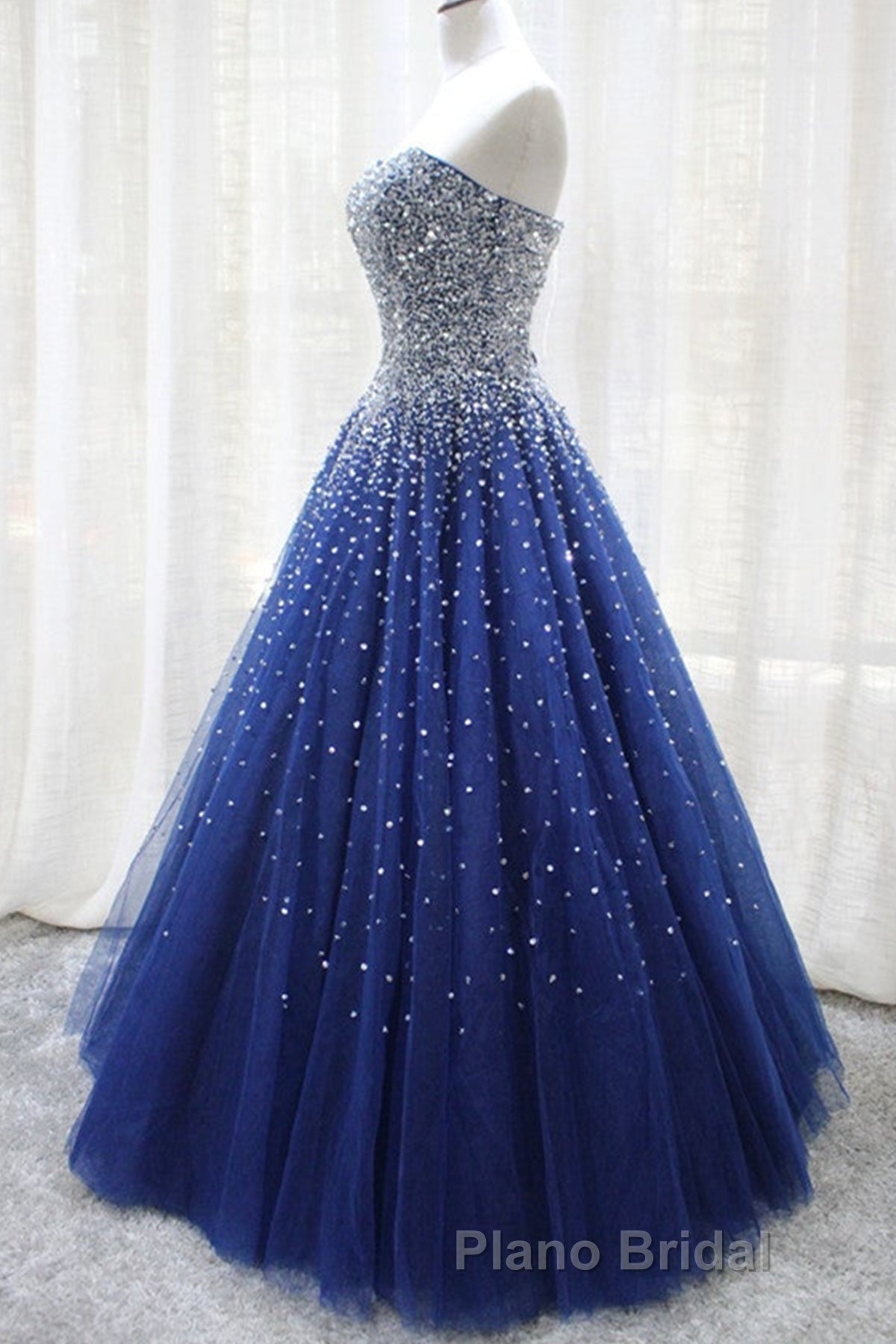 Gorgeous Strapless Blue Tulle Beaded Long Formal Prom Dresses, Beaded Blue Formal Evening Dresses, Beaded Ball Gown