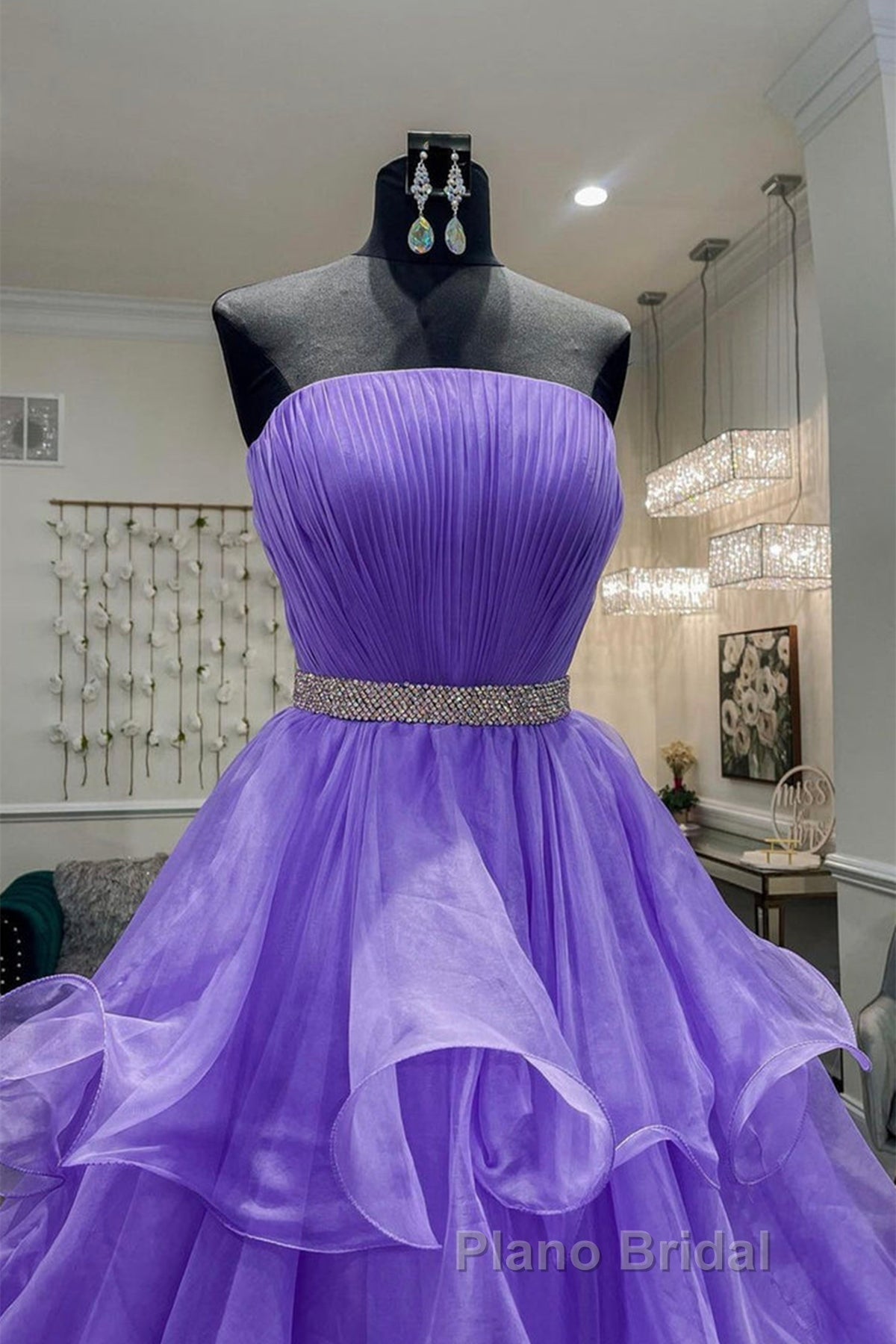 Gorgeous Strapless Layered Purple Tulle Long Formal Prom Dresses with Belt, Purple Formal Evening Dresses, Purple Ball Gown Secondary image