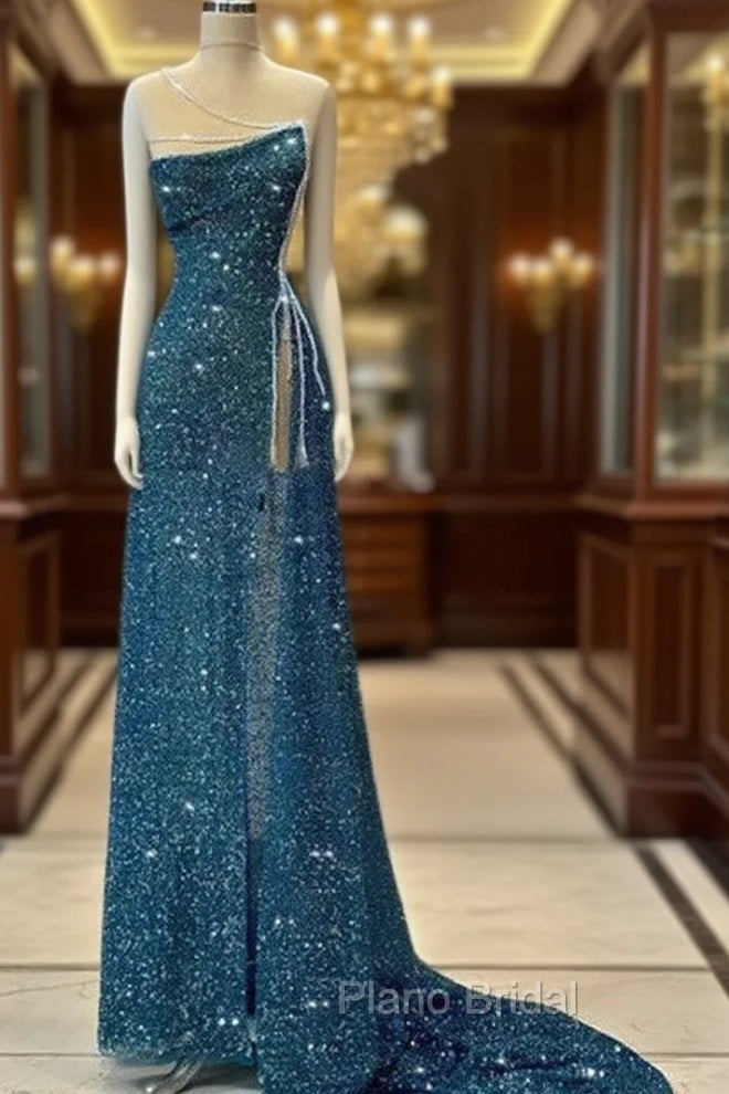 Gorgeous Teal Sheath High Slit Maxi Long Formal Prom Dresses,Evening Dresses Main image