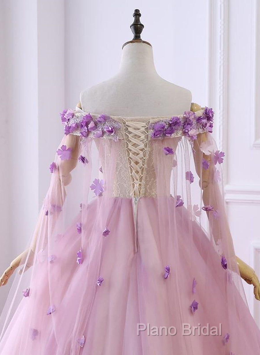 Gorgeous Tulle Off Shoulder Flowers Lace-Up Long Formal Dresses, Pink Formal Prom Dresses