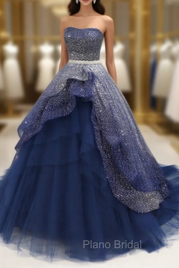 Gorgeous Tulle Strapless Beaded Long Layered Evening Dresses, Blue Formal Dresses Formal Prom Dresses Secondary image
