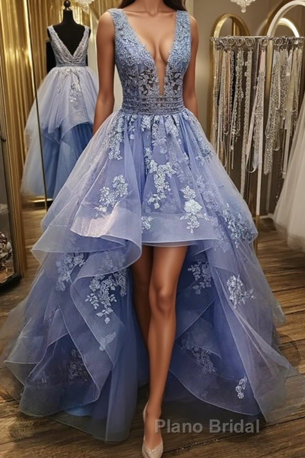 Gorgeous V Neck and V Back Blue Tulle Lace Long Formal Prom Dresses, Puffy Blue Lace Formal Evening Dresses