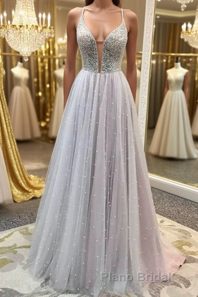 Gorgeous V Neck Backless Beaded Gray Tulle Long Formal Prom Dresses, Backless Grey Formal Graduation Evening Dresses Main image