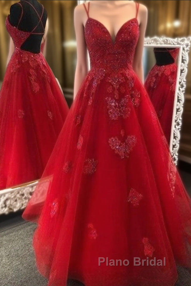 Gorgeous V Neck Backless Red Lace Appliques Formal Prom Dresses