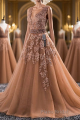 Gorgeous V Neck Champagne Lace Long Formal Prom Dress, Champagne Lace Formal Graduation Evening Dress