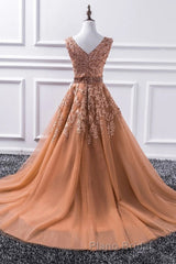 Gorgeous V Neck Champagne Lace Long Formal Prom Dress, Champagne Lace Formal Graduation Evening Dress