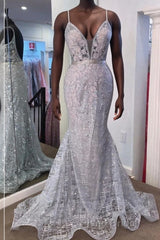 Gorgeous V Neck Mermaid Backless Silver Gray Formal Prom Dress, Mermaid Silver Gray Formal Dress, Backless Silver Gray Evening Dress