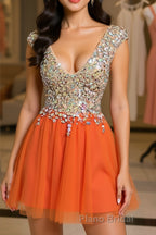 Gorgeous V Neck Open Back Orange Short Formal Prom Homecoming Dresses, Short Orange Formal Evening Dresses