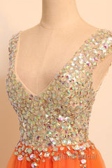 Gorgeous V Neck Open Back Orange Short Formal Prom Homecoming Dresses, Short Orange Formal Evening Dresses
