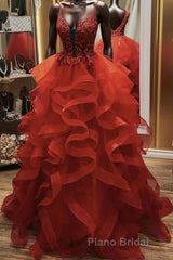 Gorgeous V Neck Open Back Red Lace Long Formal Prom Dress, Red Lace Formal Evening Dress, Red Ball Gown