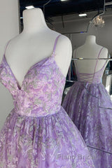 Gorgeous V Neck Thin Straps Purple Long Formal Prom Dress, V Neck Purple Formal Evening Dress, Purple Ball Gown