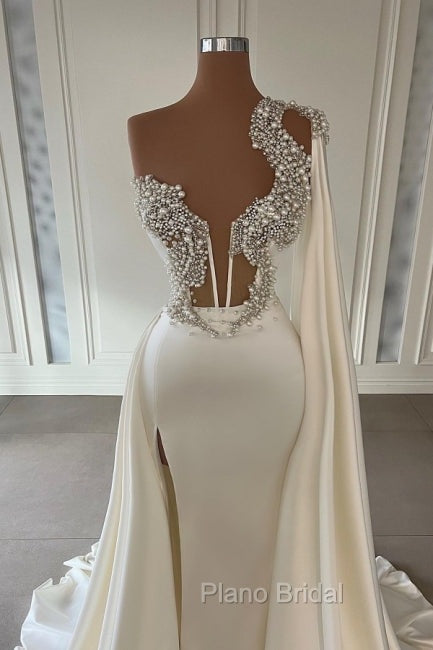 Gorgeous White A-line One Shoulder Graduation Dresses Long Glitter Formal Prom Dresses With Split Online