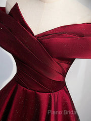 Gorgeous Wine Red Satin Off Shoulder Party Dresses , Beautiful Wine Red Formal Prom Dresses