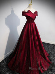 Gorgeous Wine Red Satin Off Shoulder Party Dresses , Beautiful Wine Red Formal Prom Dresses