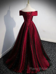 Gorgeous Wine Red Satin Off Shoulder Party Dresses , Beautiful Wine Red Formal Prom Dresses