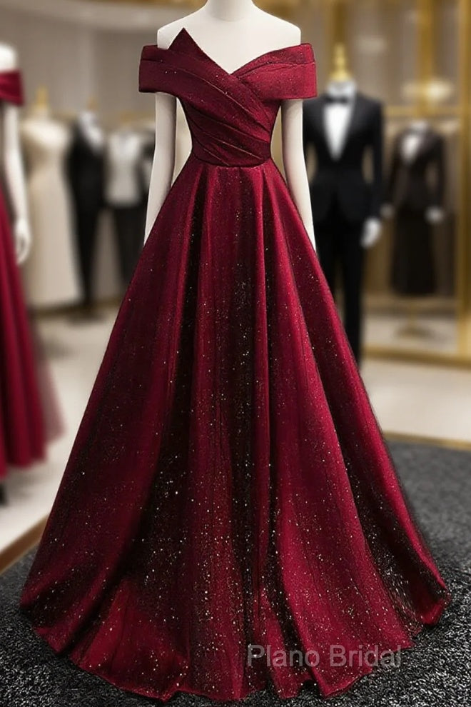 Gorgeous Wine Red Satin Off Shoulder Party Dresses , Beautiful Wine Red Formal Prom Dresses Main image