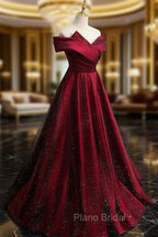 Gorgeous Wine Red Satin Off Shoulder Party Dresses , Wine Red Formal Prom Dresses