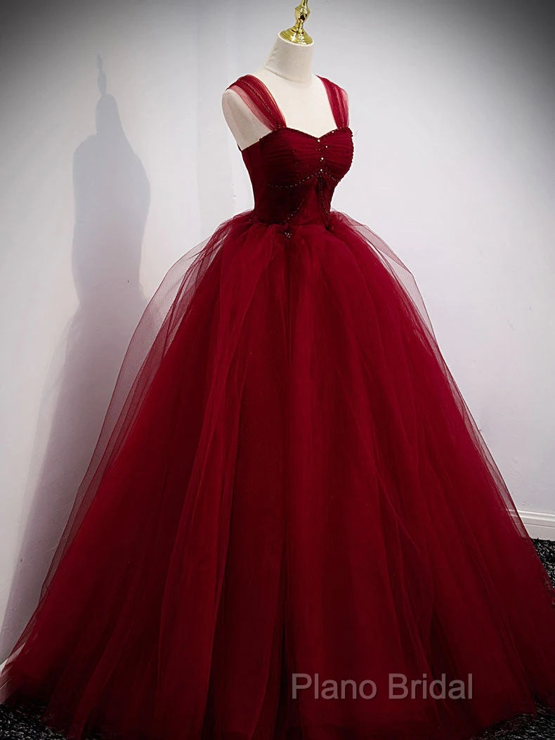 Gorgeous Wine Red Tulle Ball Gown Long Formal Prom Dresses Formal Dresses, Burgundy Sweet 16 Dresses