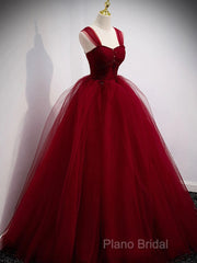 Gorgeous Wine Red Tulle Ball Gown Long Formal Prom Dresses Formal Dresses, Burgundy Sweet 16 Dresses