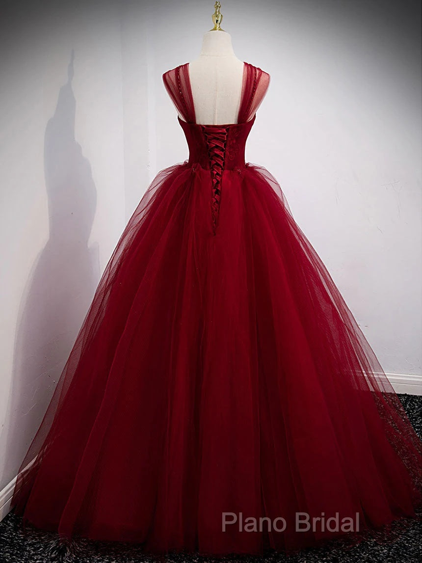 Gorgeous Wine Red Tulle Ball Gown Long Formal Prom Dresses Formal Dresses, Burgundy Sweet 16 Dresses