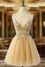 Gorgeous Yellow Homecoming Dresses A Line Spaghetti Straps Short Formal Prom Dresses with Beading