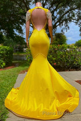 Gorgeous Yellow Long Mermaid Tassel Off the Shoulder Satin Backless Formal Prom Dresses with Ruffles