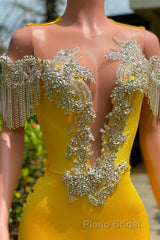 Gorgeous Yellow Long Mermaid Tassel Off the Shoulder Satin Backless Formal Prom Dresses with Ruffles
