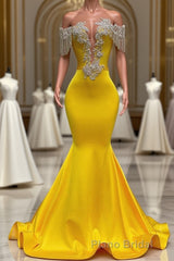 Gorgeous Yellow Long Mermaid Tassel Off the Shoulder Satin Backless Formal Prom Dresses with Ruffles