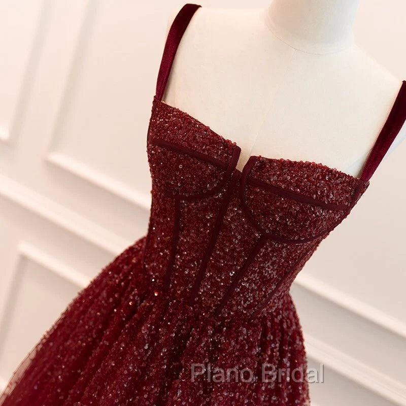 Gothic Burgundy Spaghetti Straps Sequins Beaded Formal Prom Dresses Tulle Party Evening Dresses Secondary image